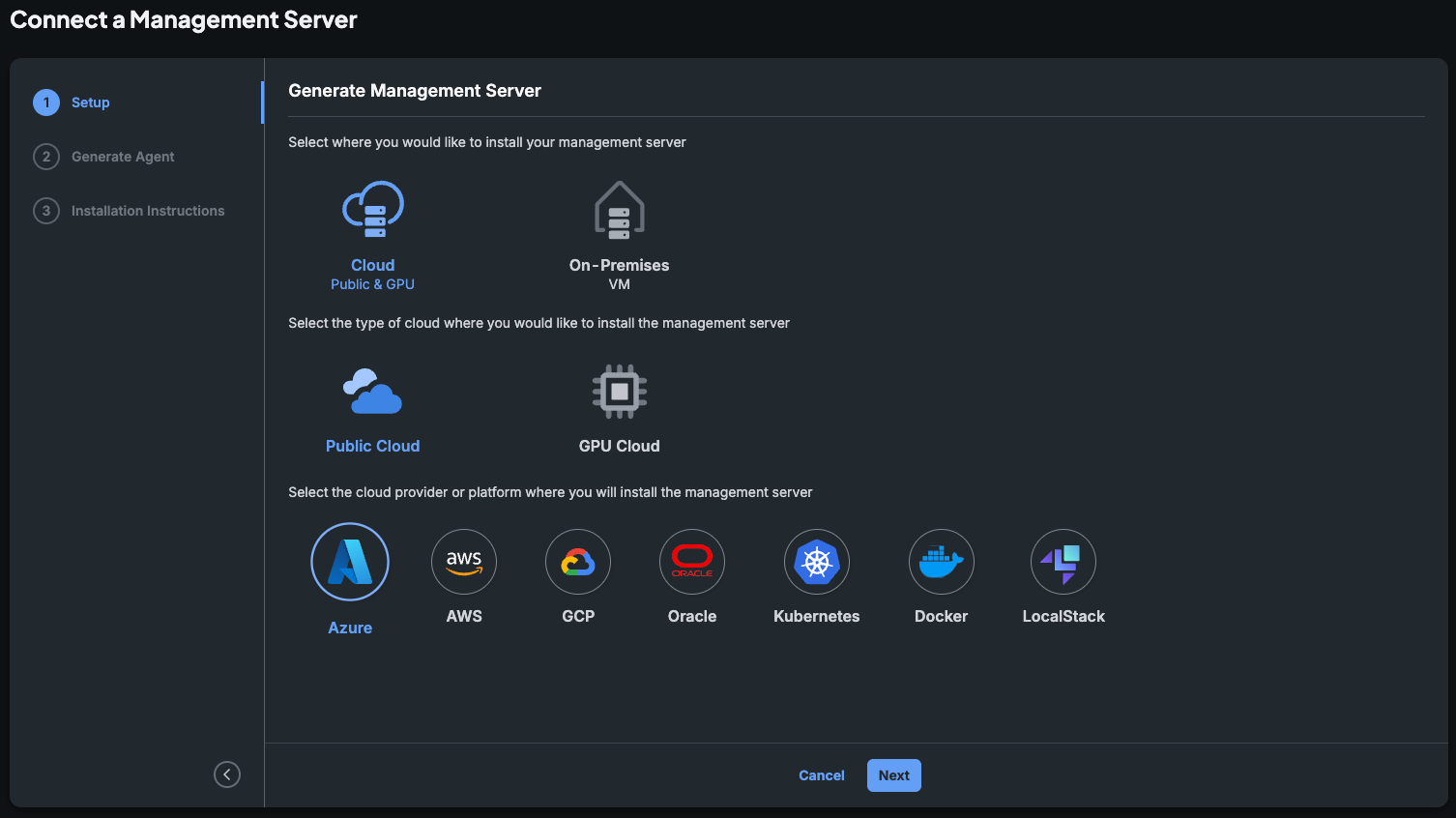 Setup step: Azure selected under Public Cloud