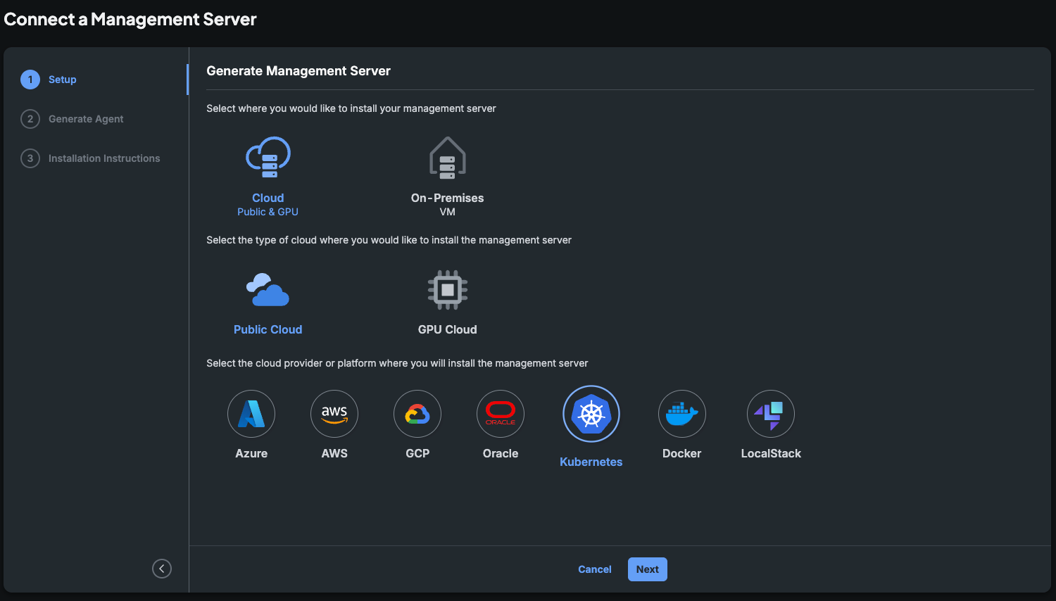 Setup step: choose a cloud provider or Kubernetes