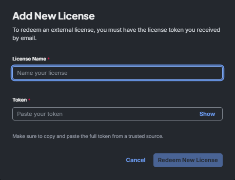 The Add New License dialog, with fields for a license name and the activation token