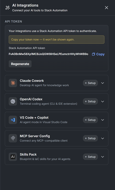 The AI Integrations side pane, showing the API token and the list of available integrations