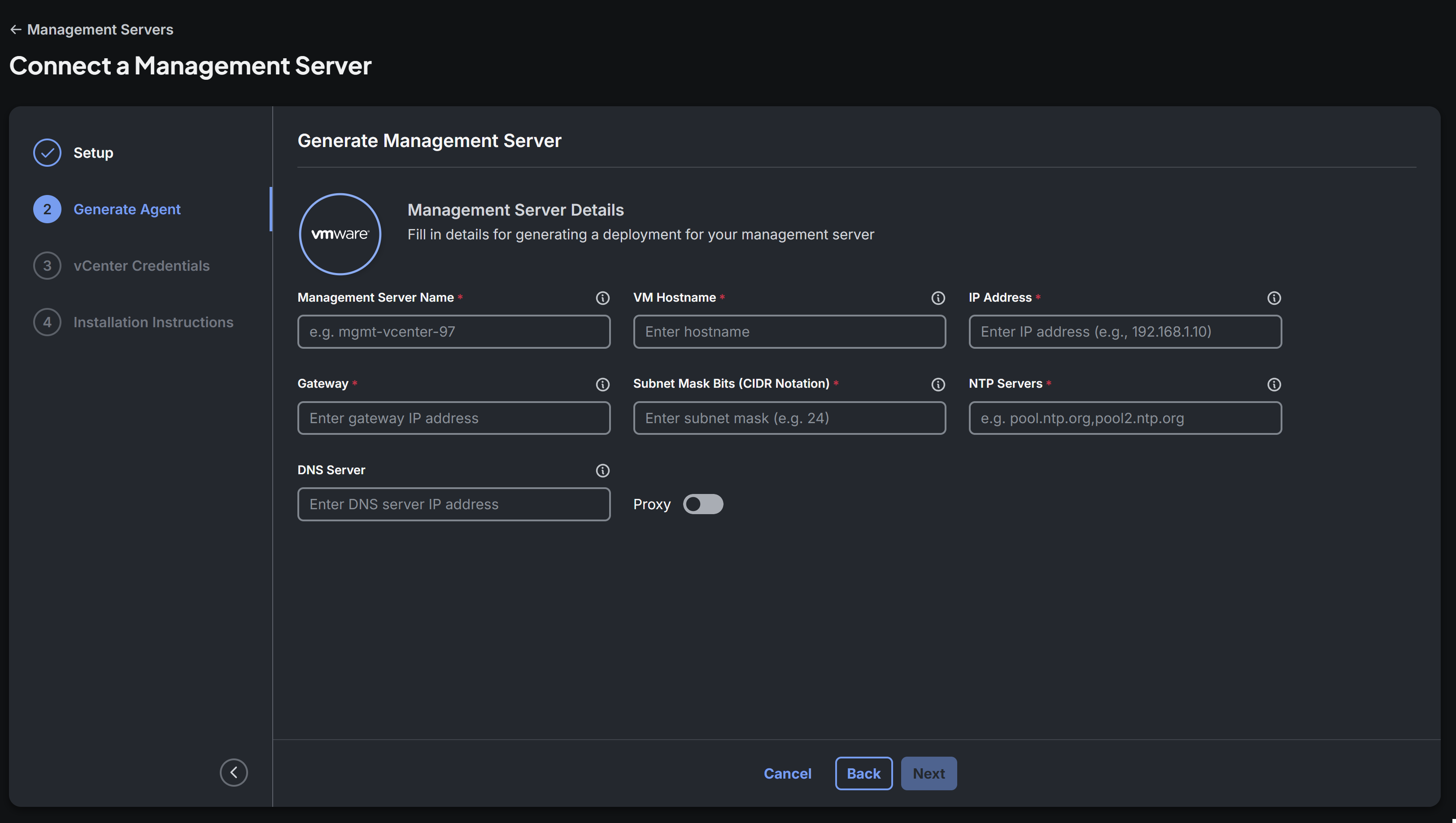 Generate Management Server details form