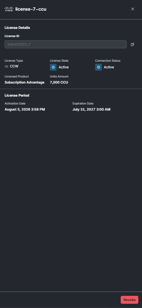 The license details side pane, showing license details, state, and license period