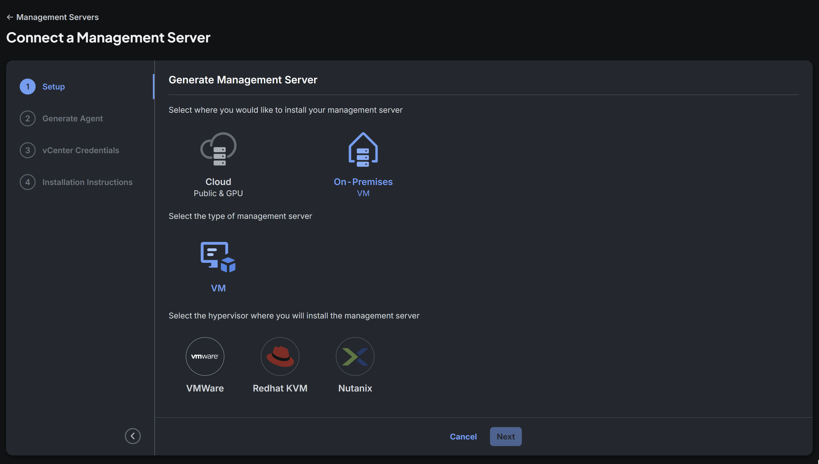 Setup step: choose Cloud or On-Premises
