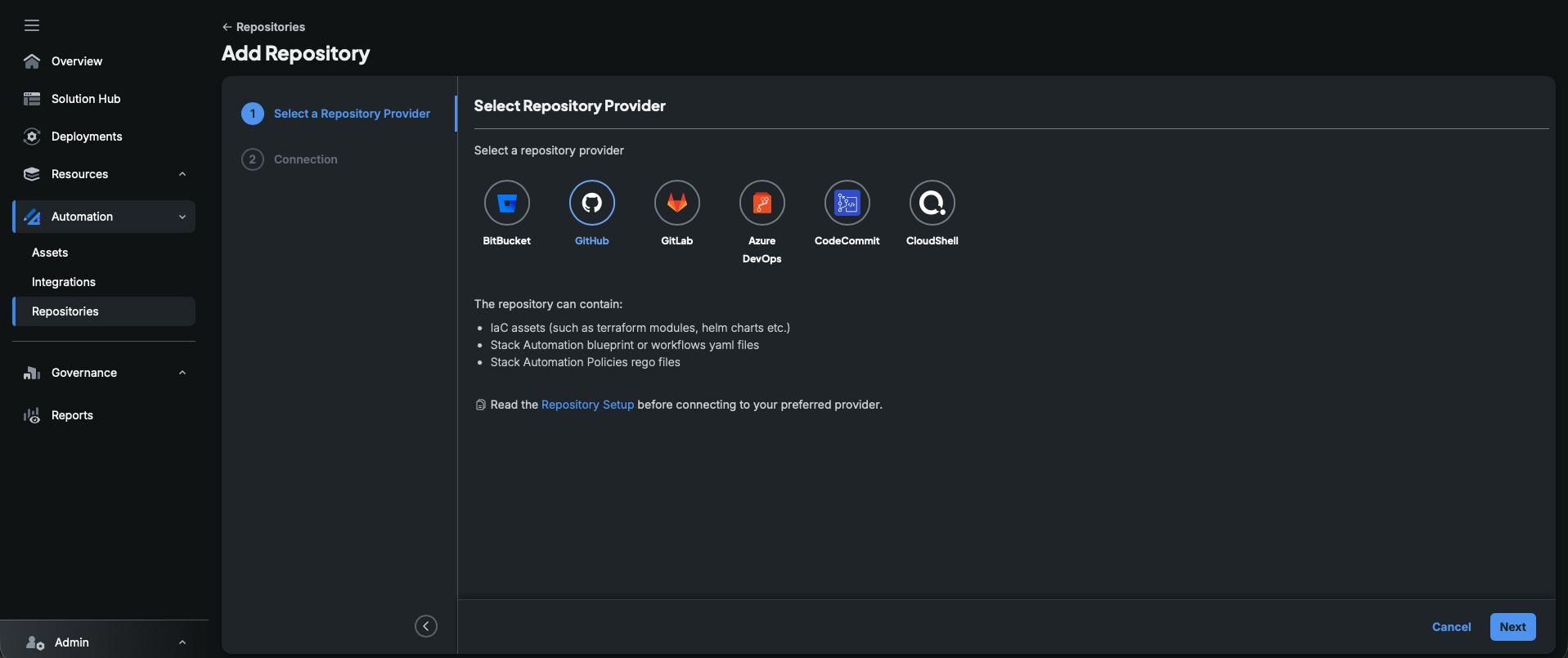 Select a repository provider